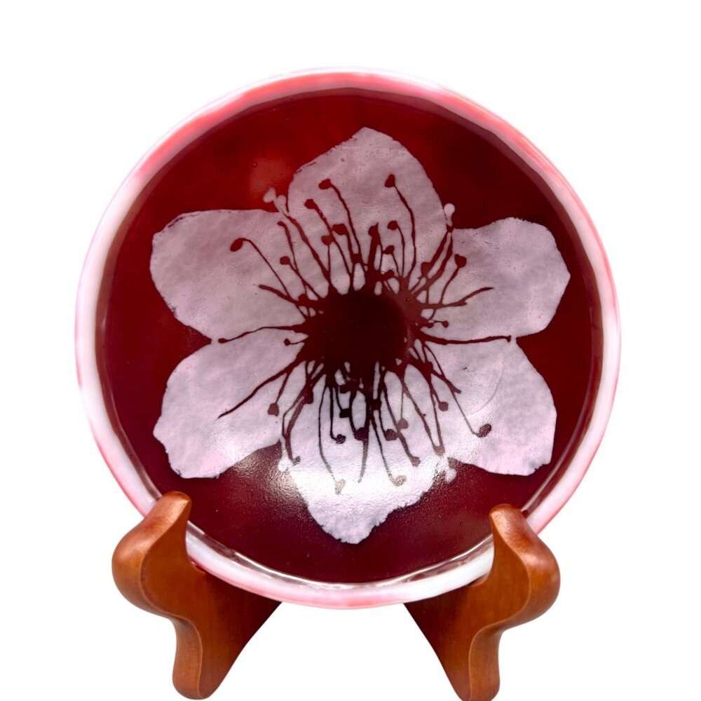 Kiku Handmade Fused Glass Bowl With Pink Cherry Blossom Design 5"Diameter